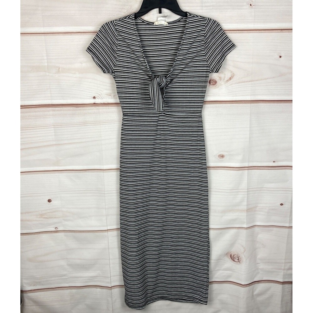 Rolla Coster Dress Womens S Black White Short Sleeve Midi Stripe Knit Tie Front